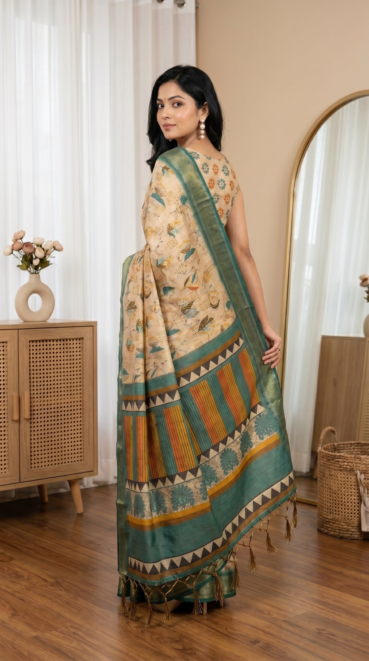 Beige Tissue Silk Saree with Teal Green Border & Artistic Print