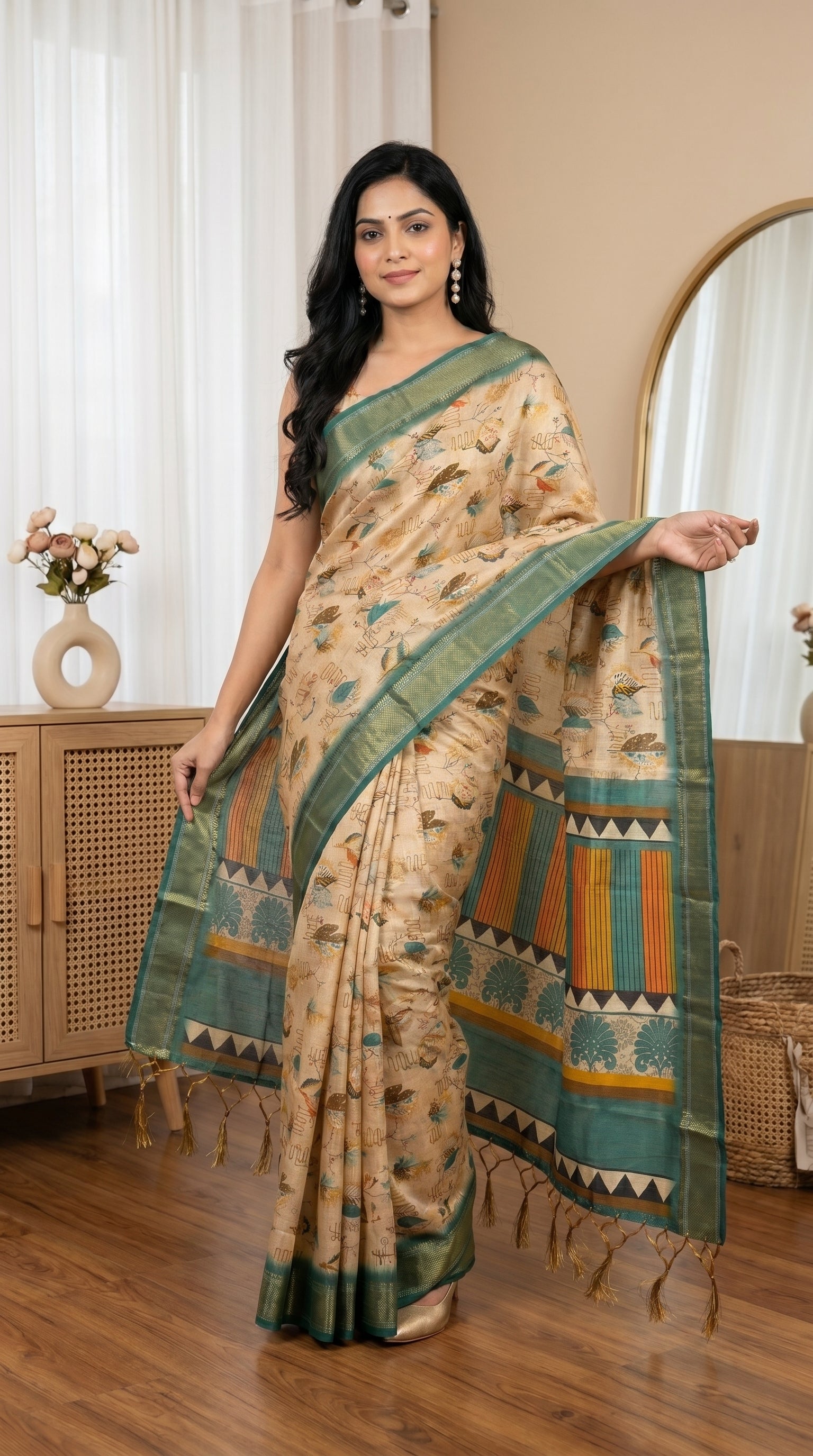 Beige Tissue Silk Saree with Teal Green Border & Artistic Print