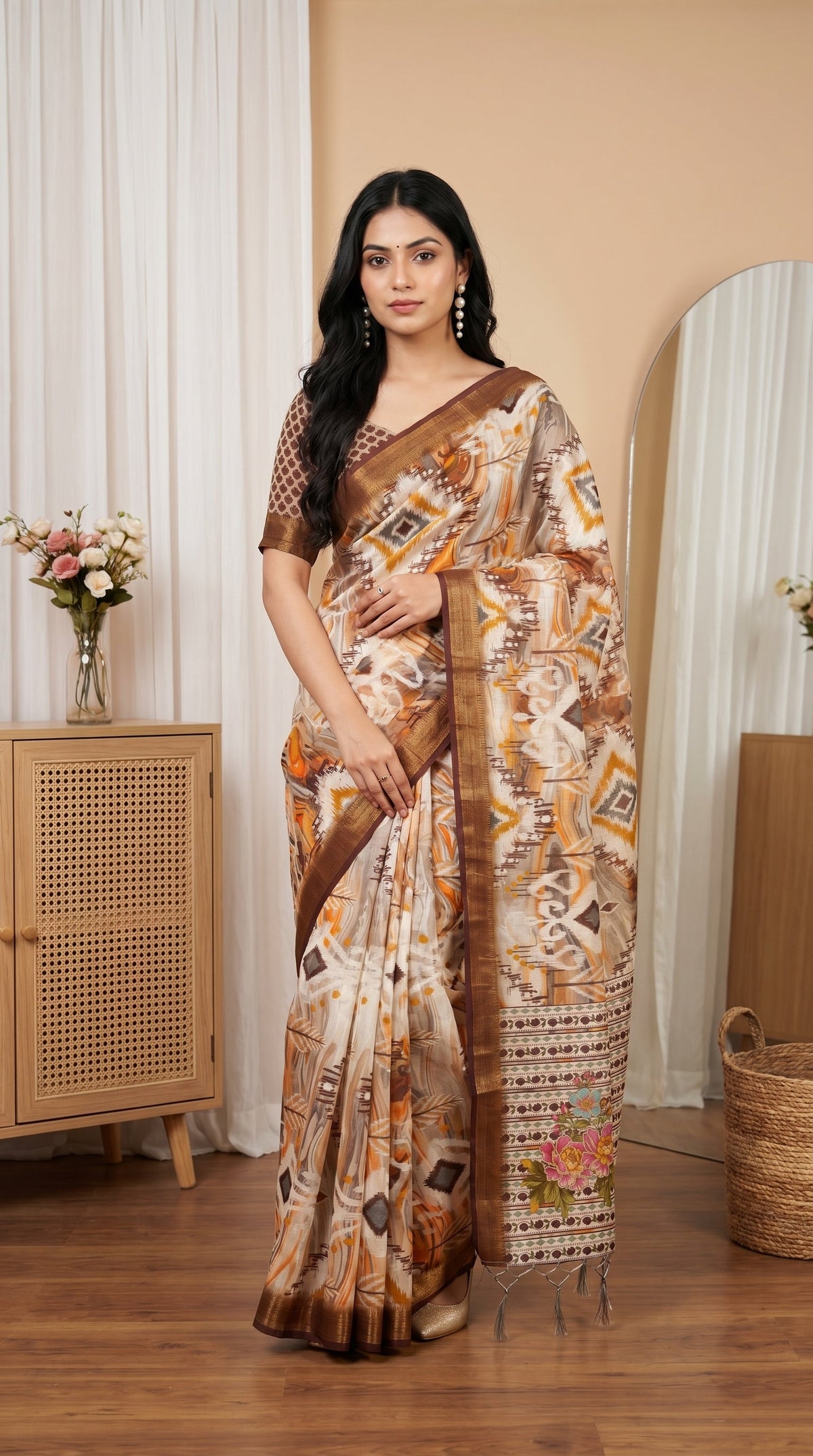 Cream Brown Tissue Silk Saree with Abstract Print & Designer Floral Pallu
