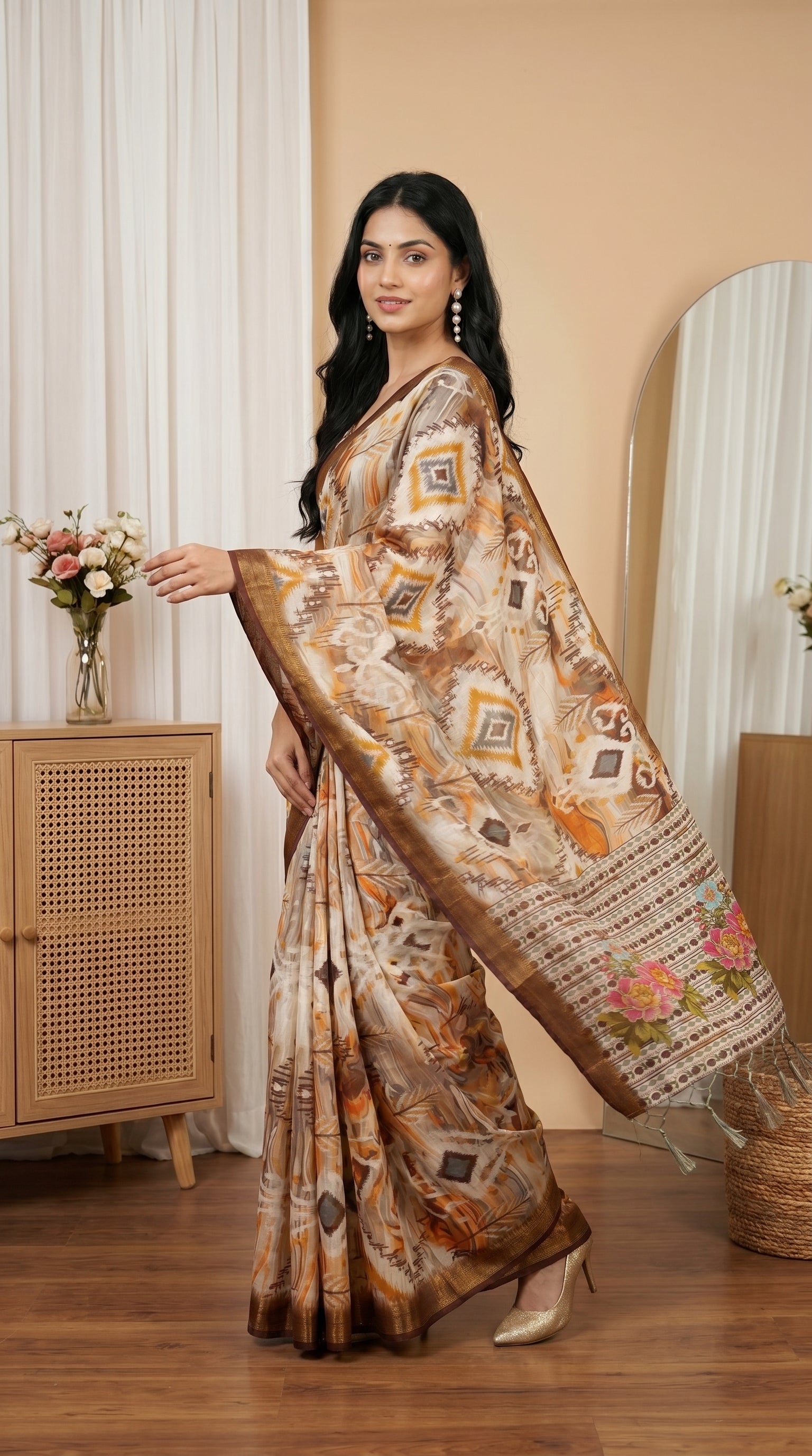 Cream Brown Tissue Silk Saree with Abstract Print & Designer Floral Pallu