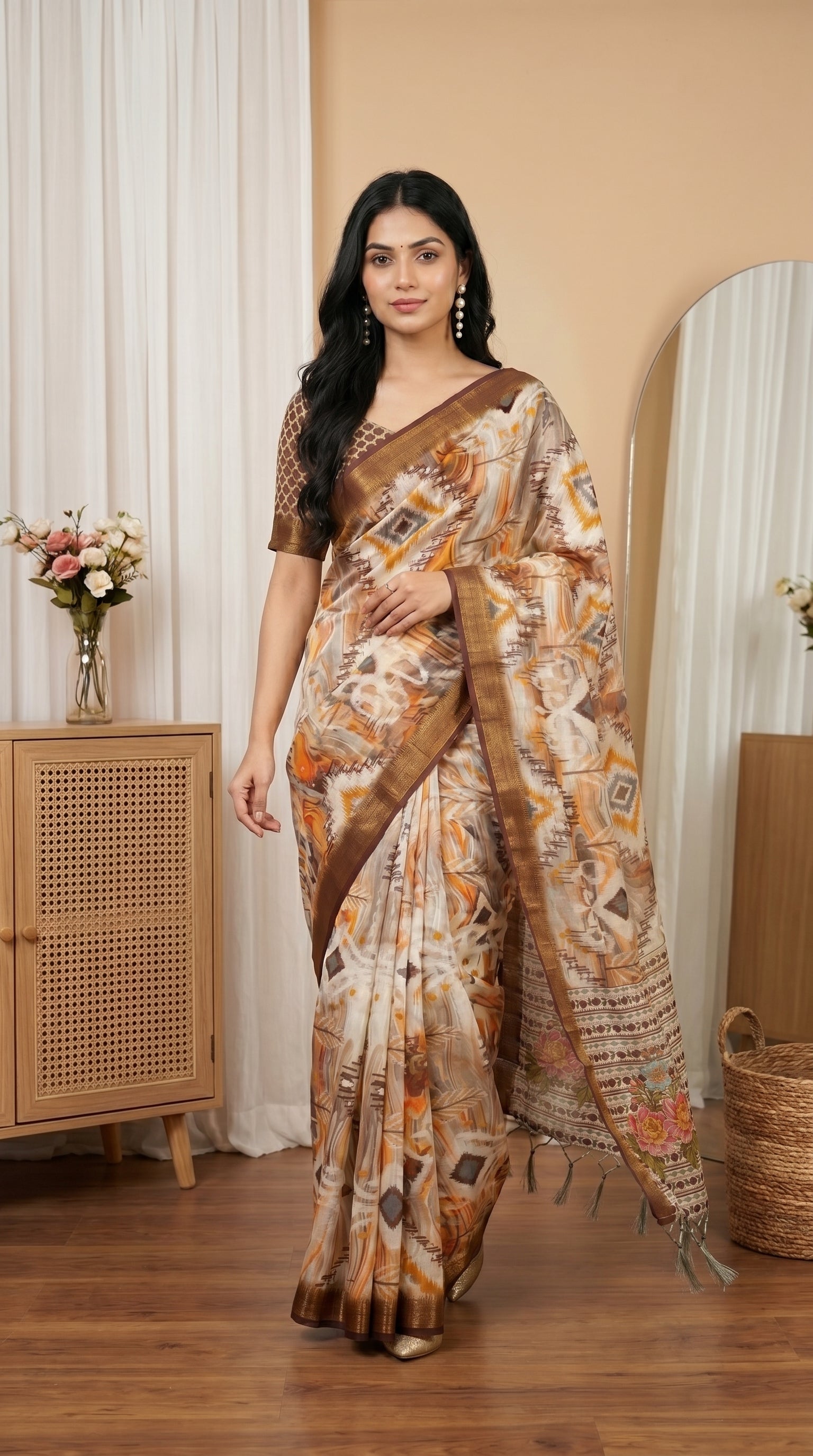 Cream Brown Tissue Silk Saree with Abstract Print & Designer Floral Pallu