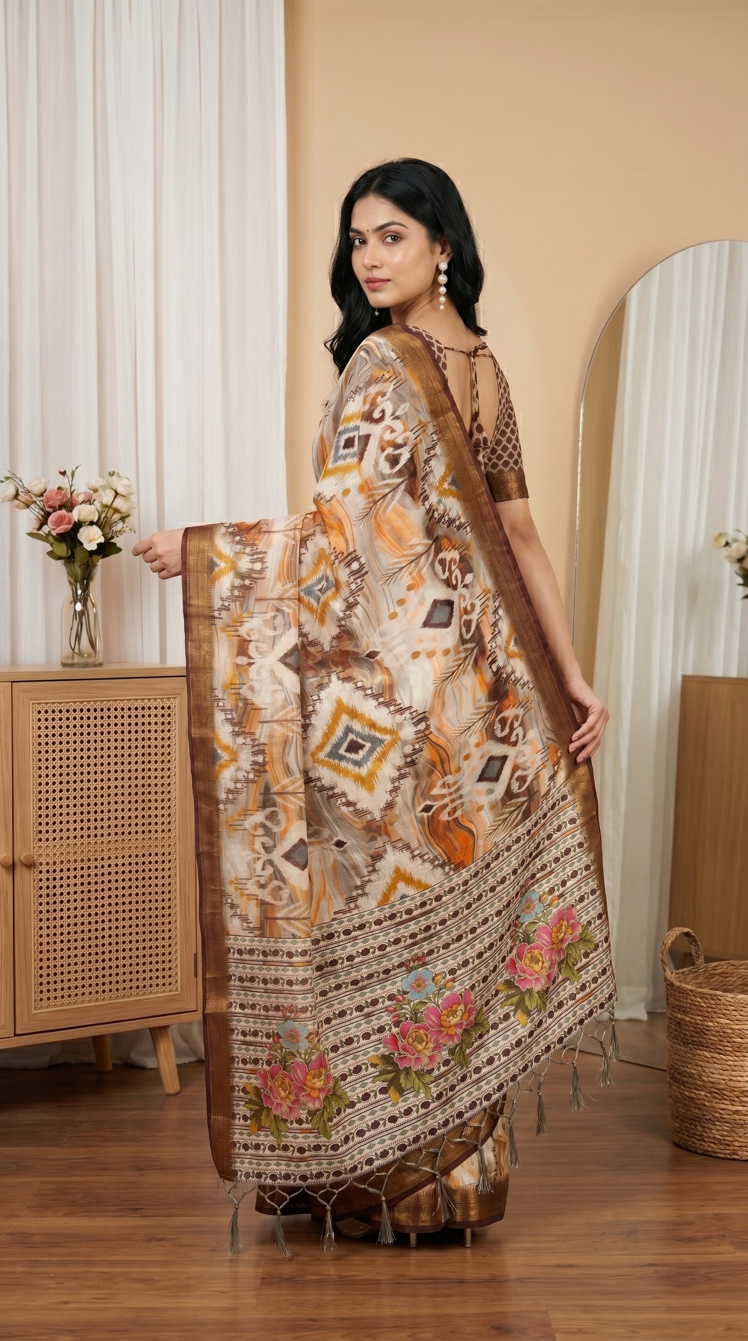 Cream Brown Tissue Silk Saree with Abstract Print & Designer Floral Pallu