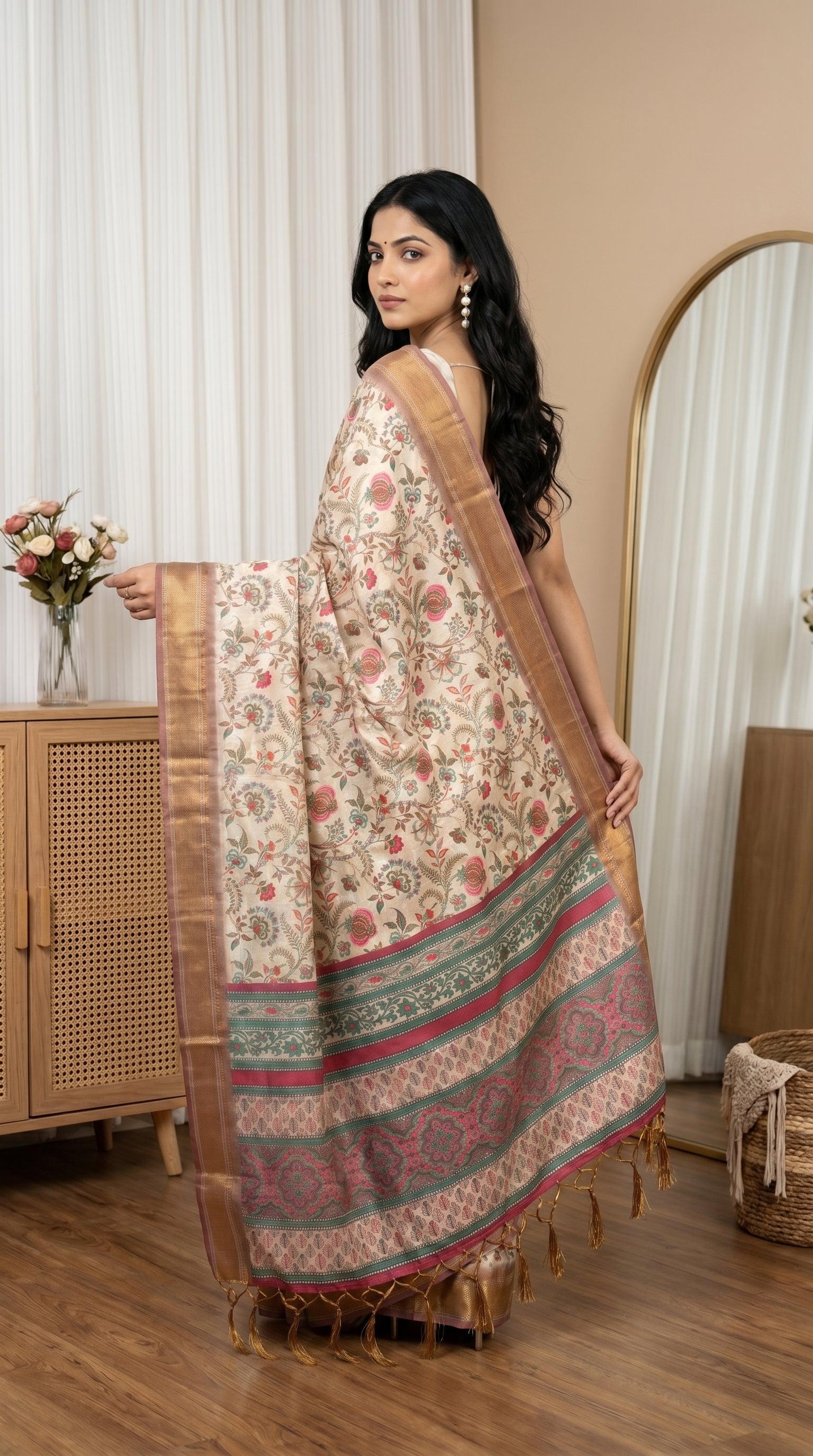 Elegant Floral Woven Tissue Silk Saree with Rich Zari Border