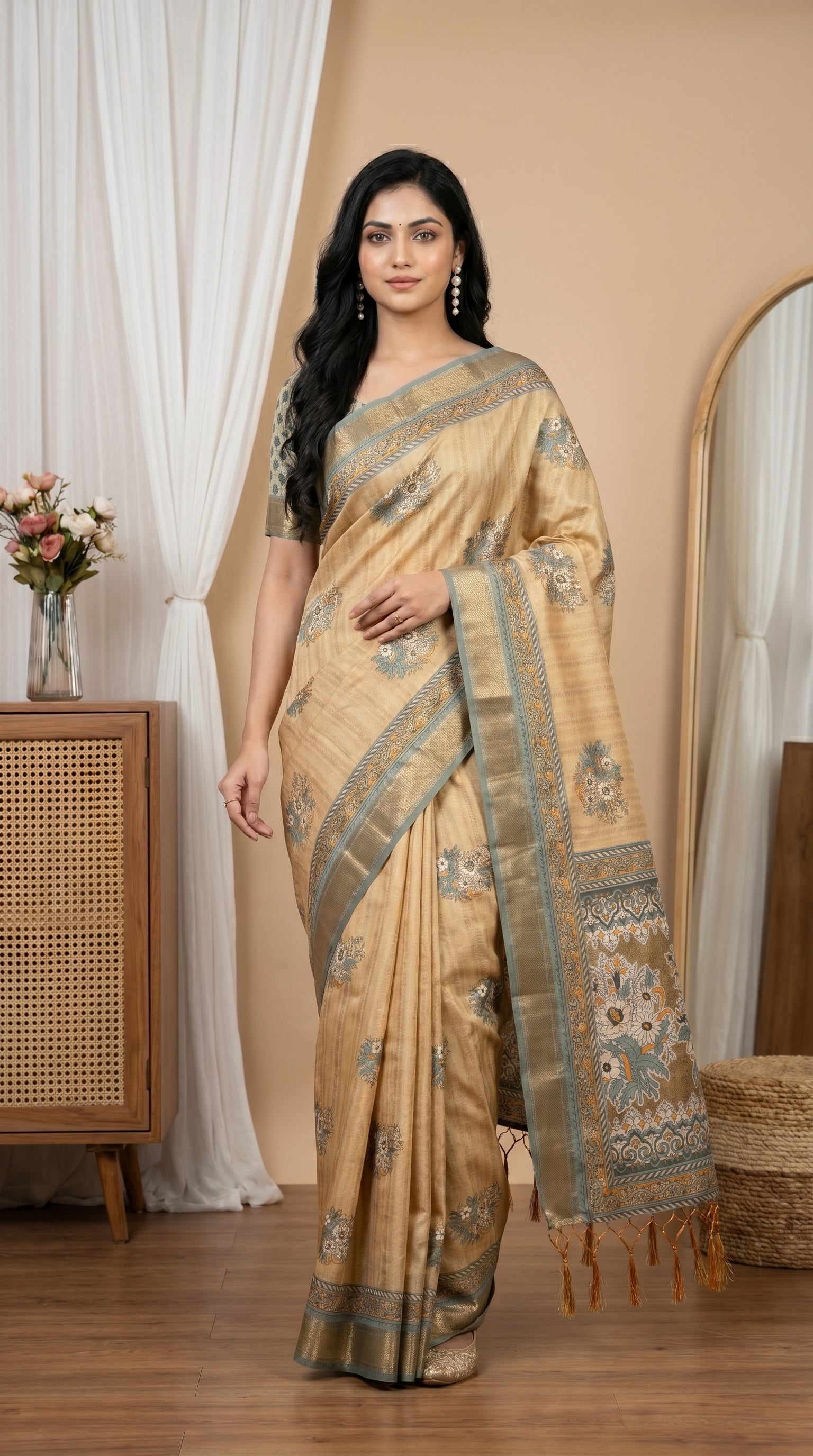 Graceful Golden Tissue Silk Saree with Floral Woven Accents