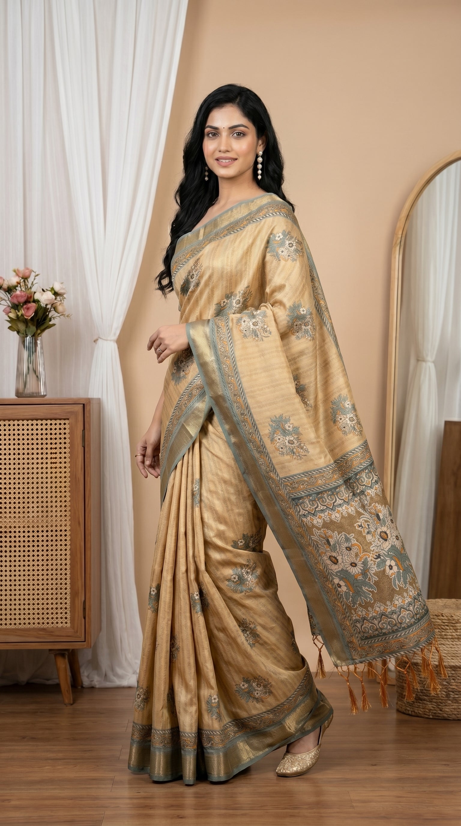 Graceful Golden Tissue Silk Saree with Floral Woven Accents
