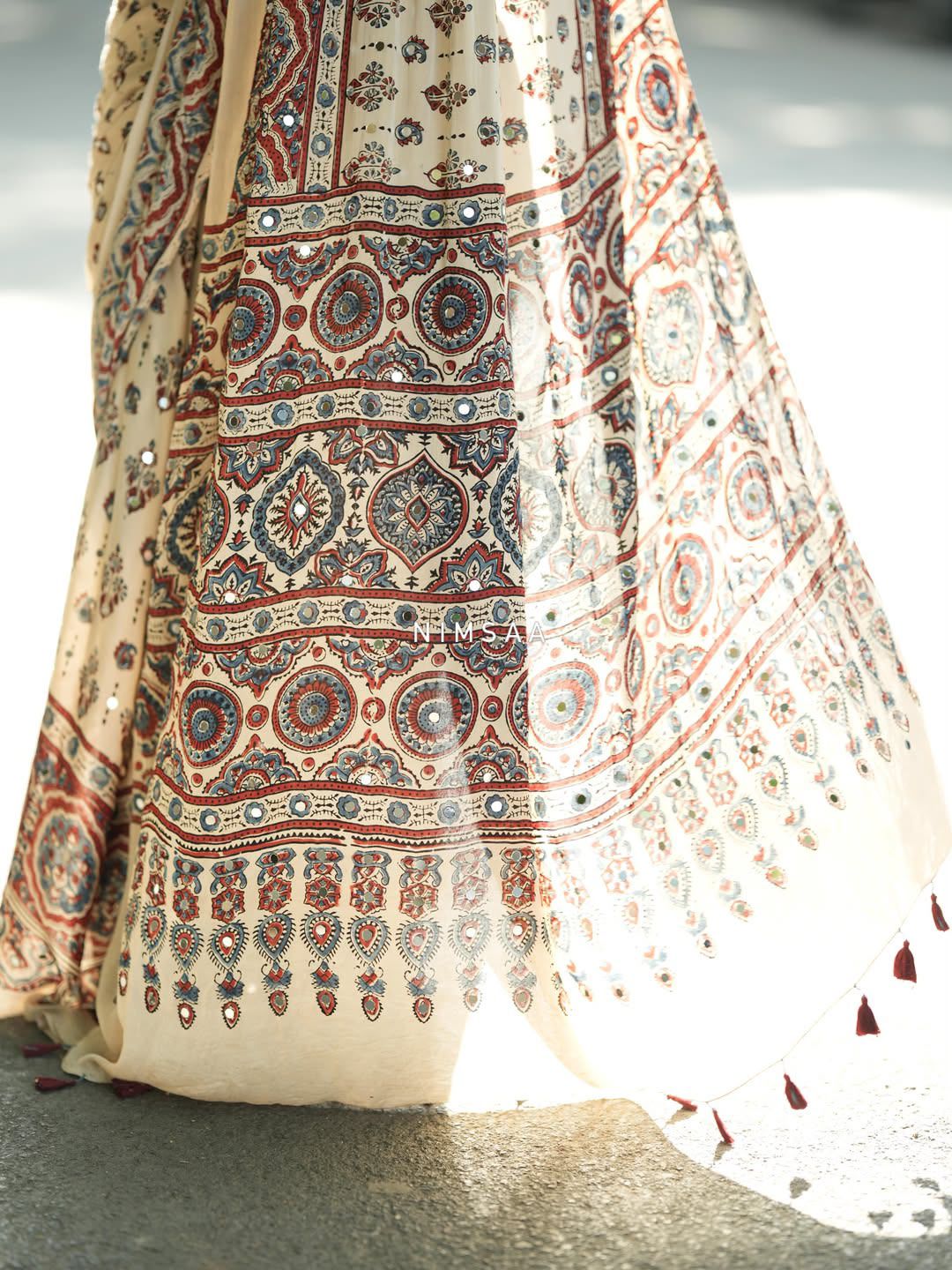 Premium Ivory Mirror Work Silk Saree with Ajrakh Print | Festive Designer Saree