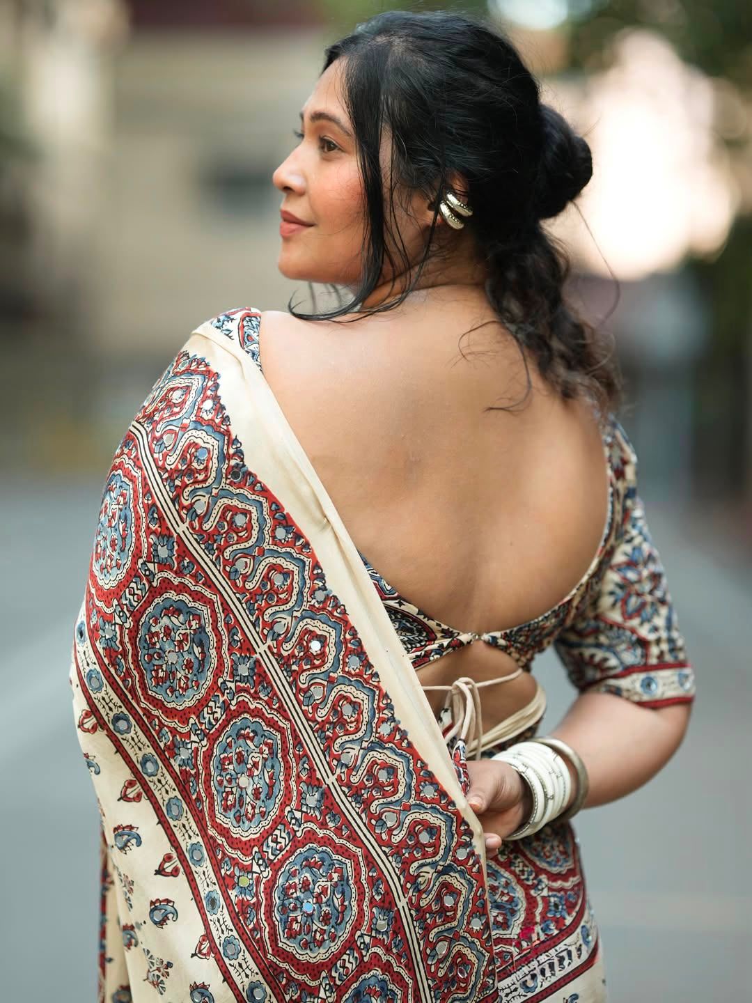 Premium Ivory Mirror Work Silk Saree with Ajrakh Print | Festive Designer Saree