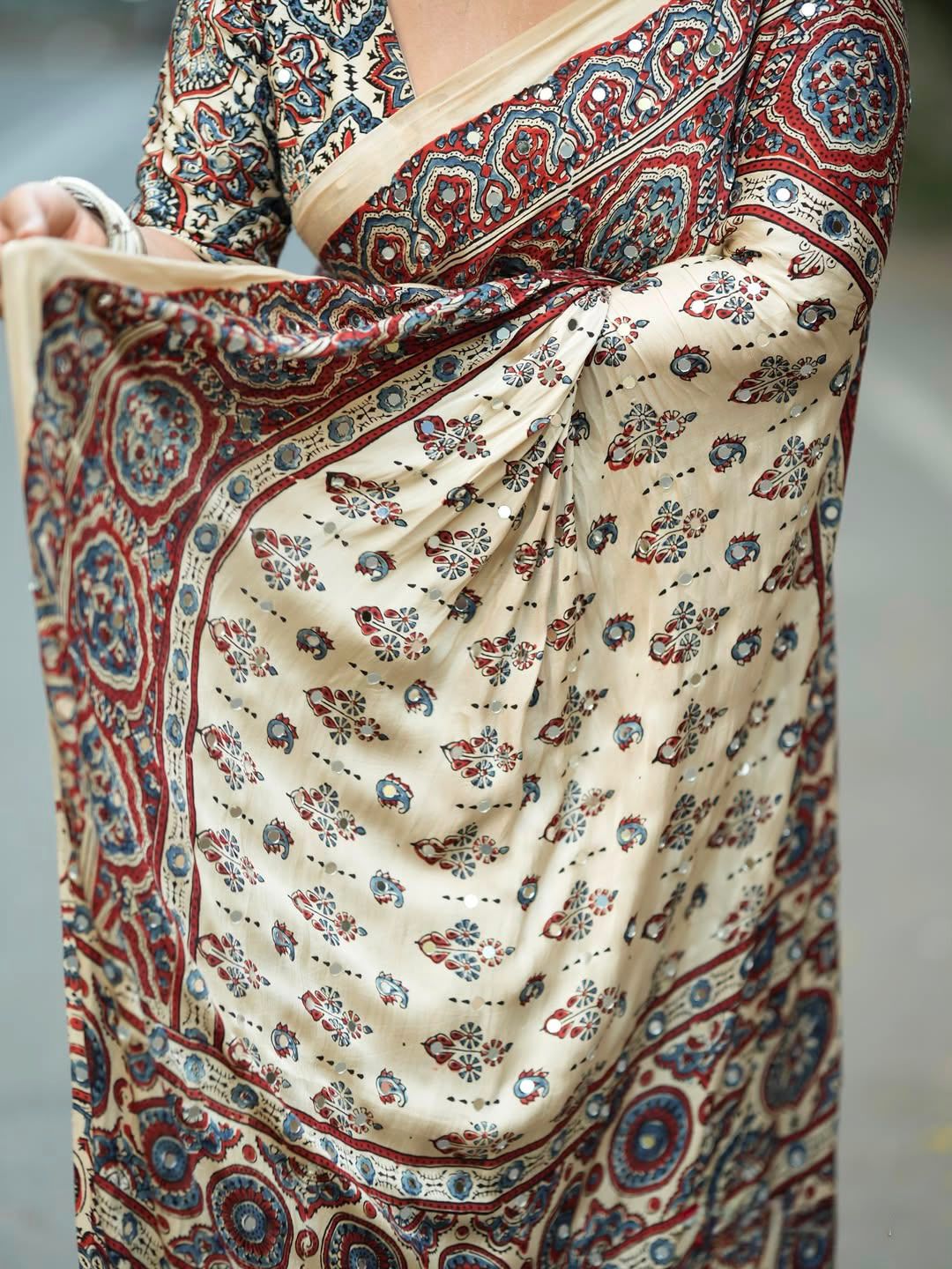 Premium Ivory Mirror Work Silk Saree with Ajrakh Print | Festive Designer Saree