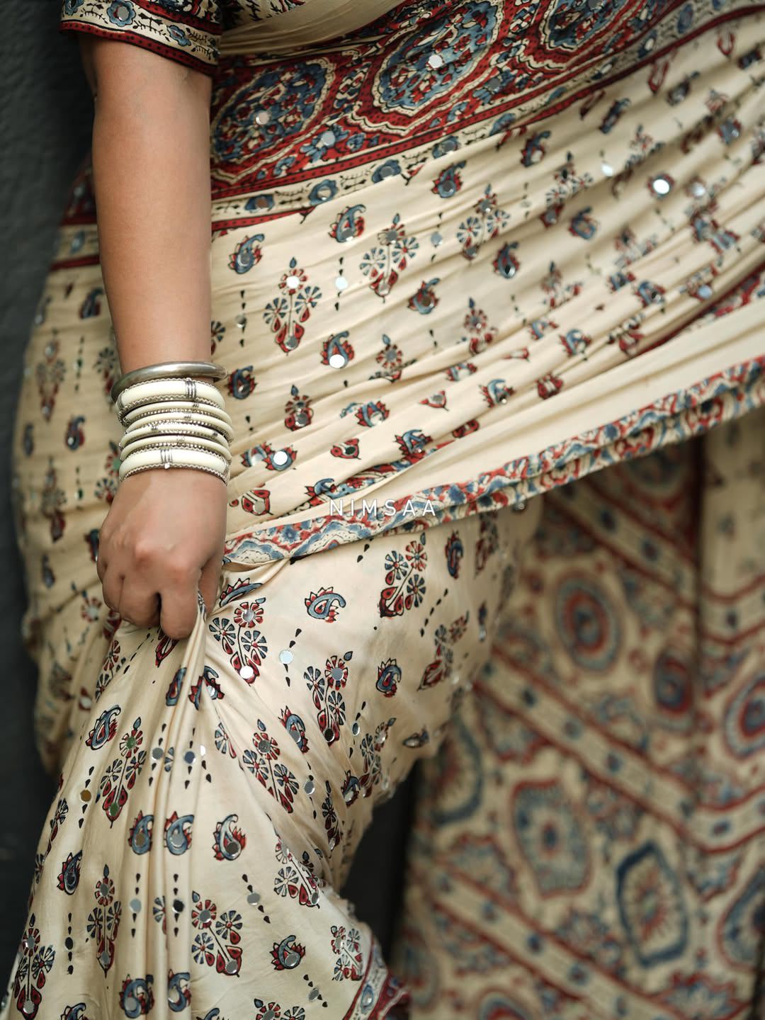 Premium Ivory Mirror Work Silk Saree with Ajrakh Print | Festive Designer Saree
