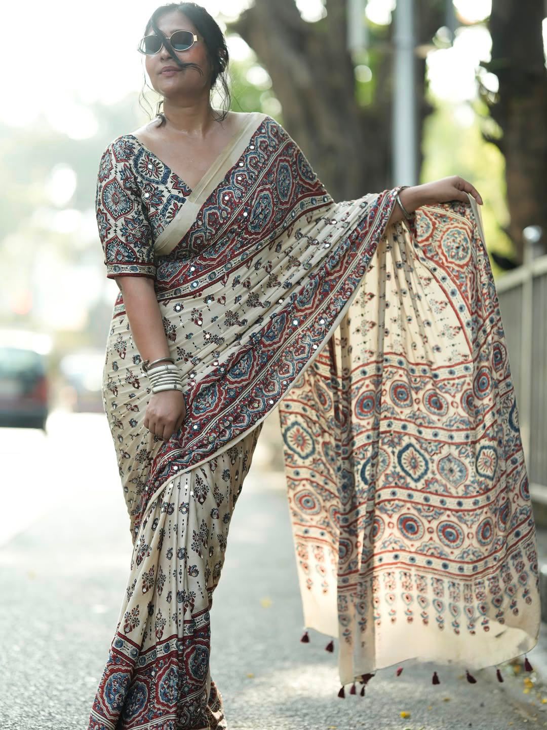 Premium Ivory Mirror Work Silk Saree with Ajrakh Print | Festive Designer Saree
