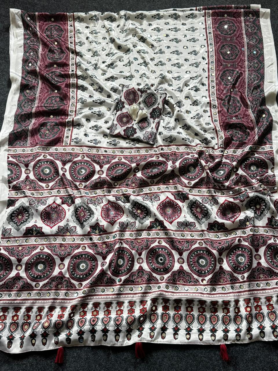 Premium Ivory Mirror Work Silk Saree with Ajrakh Print | Festive Designer Saree