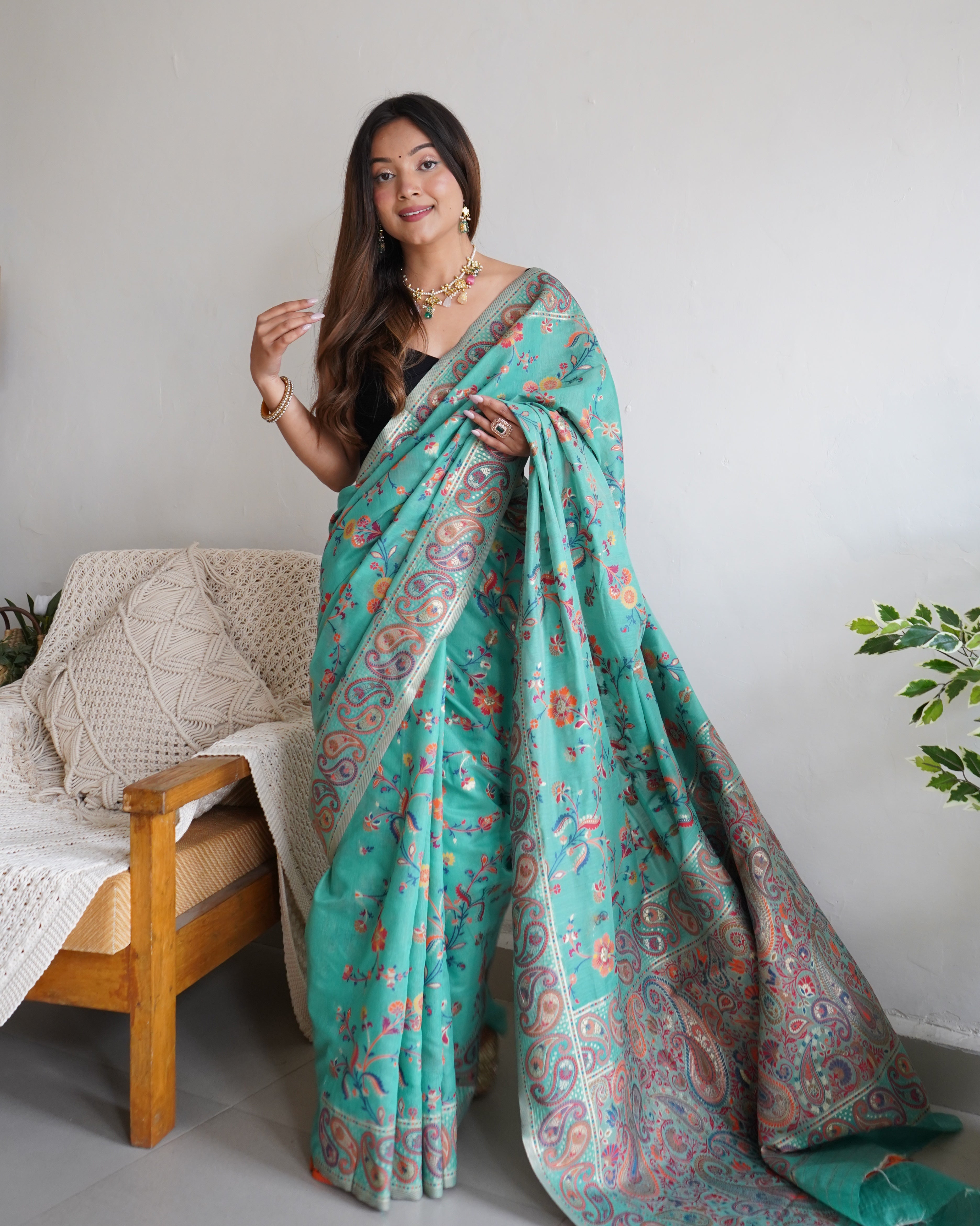 KASHMIRI PASHMINA COTTON KACHHI WORK MULTI THRADE SAREE