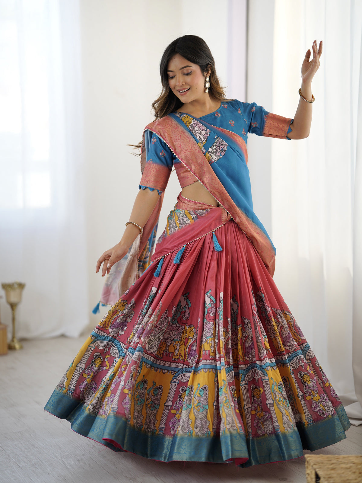Elegant Kalamkari Lehenga in Blue and Terracotta Pink with Flared Skirt and Dupatta