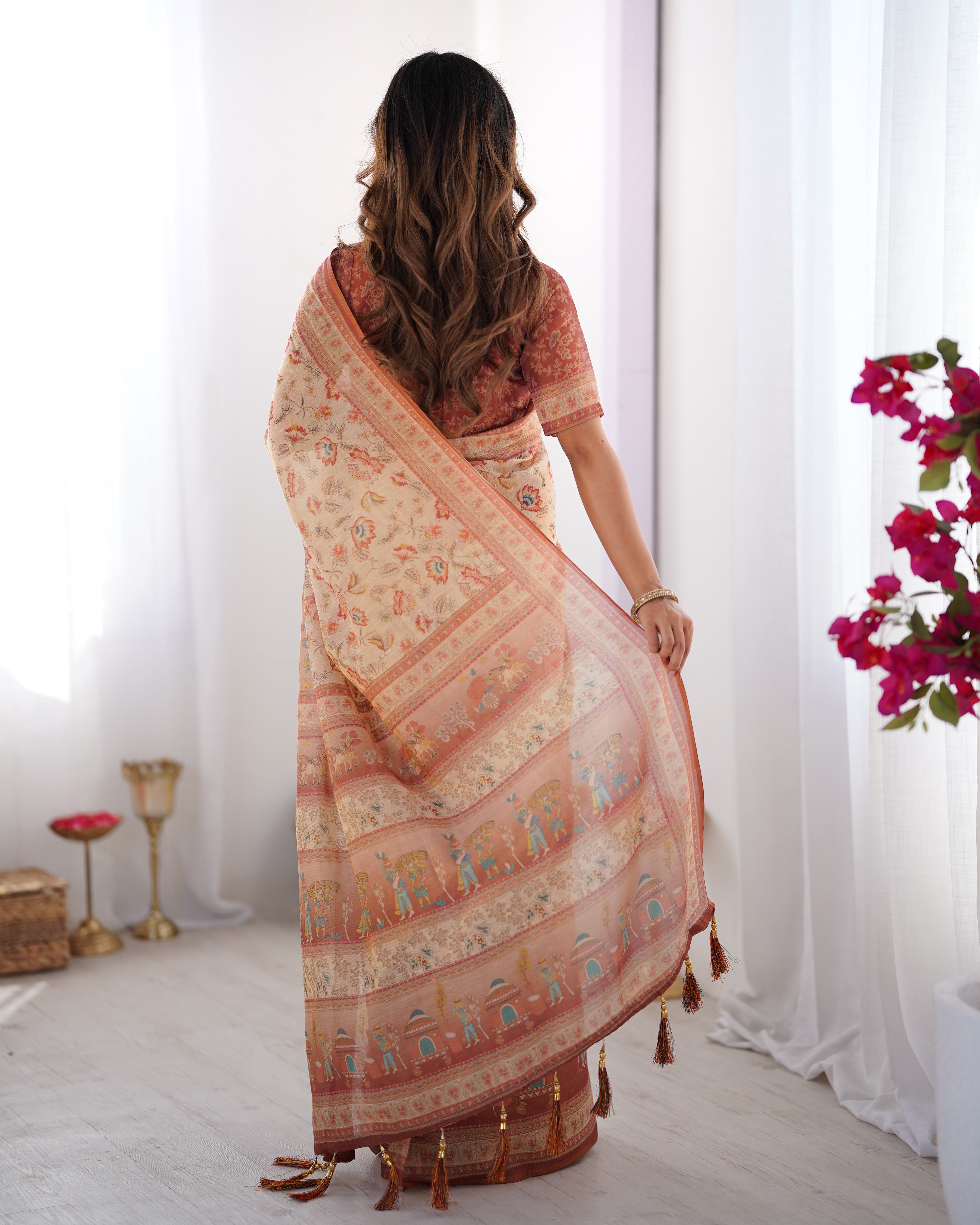 Ivory Handloom Cotton Saree with Maroon Borders, Floral Print & Royal Procession Pallu