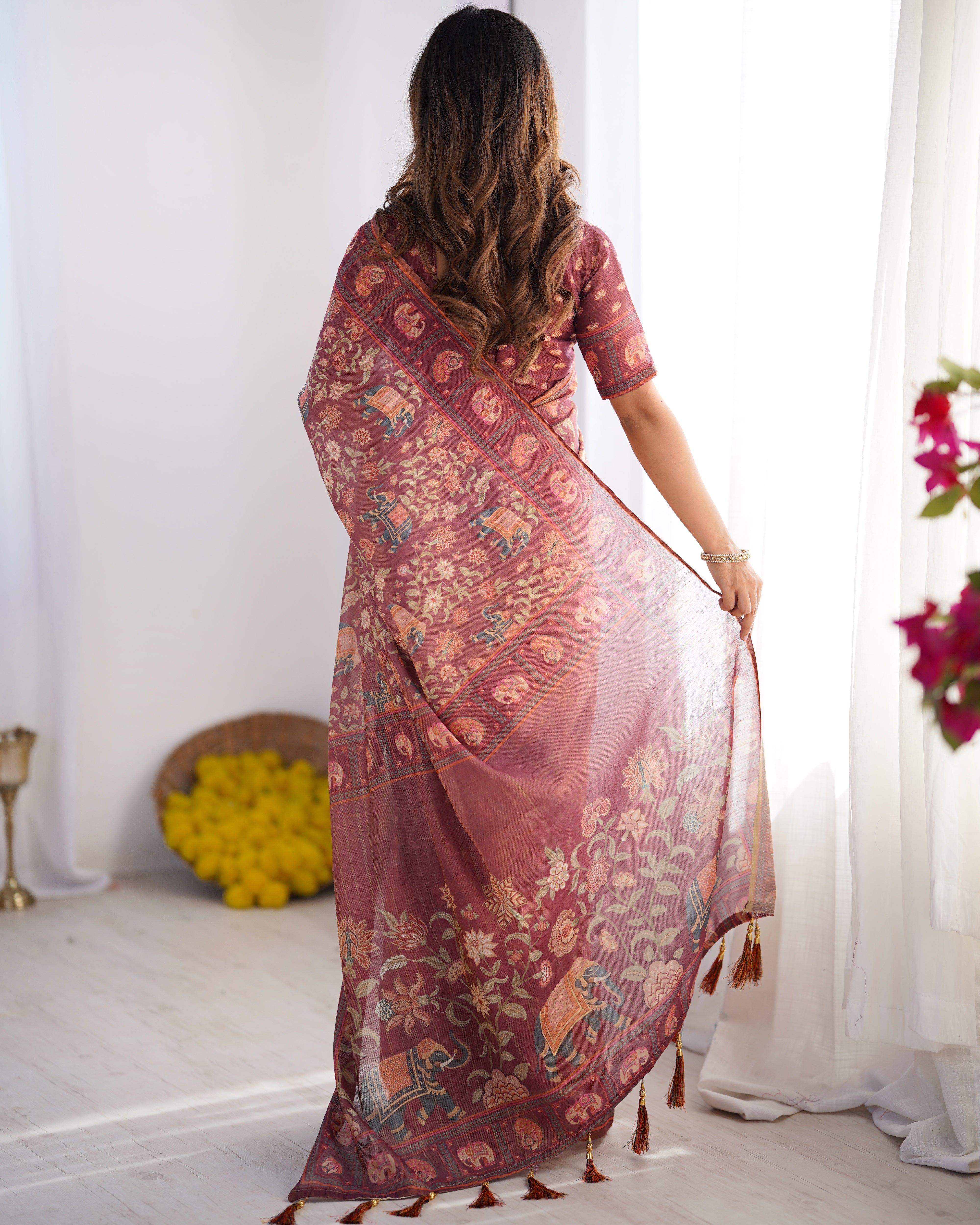 Maroon Pure Linen Cotton Handloom Saree with Elephant Motifs and Floral Digital Print