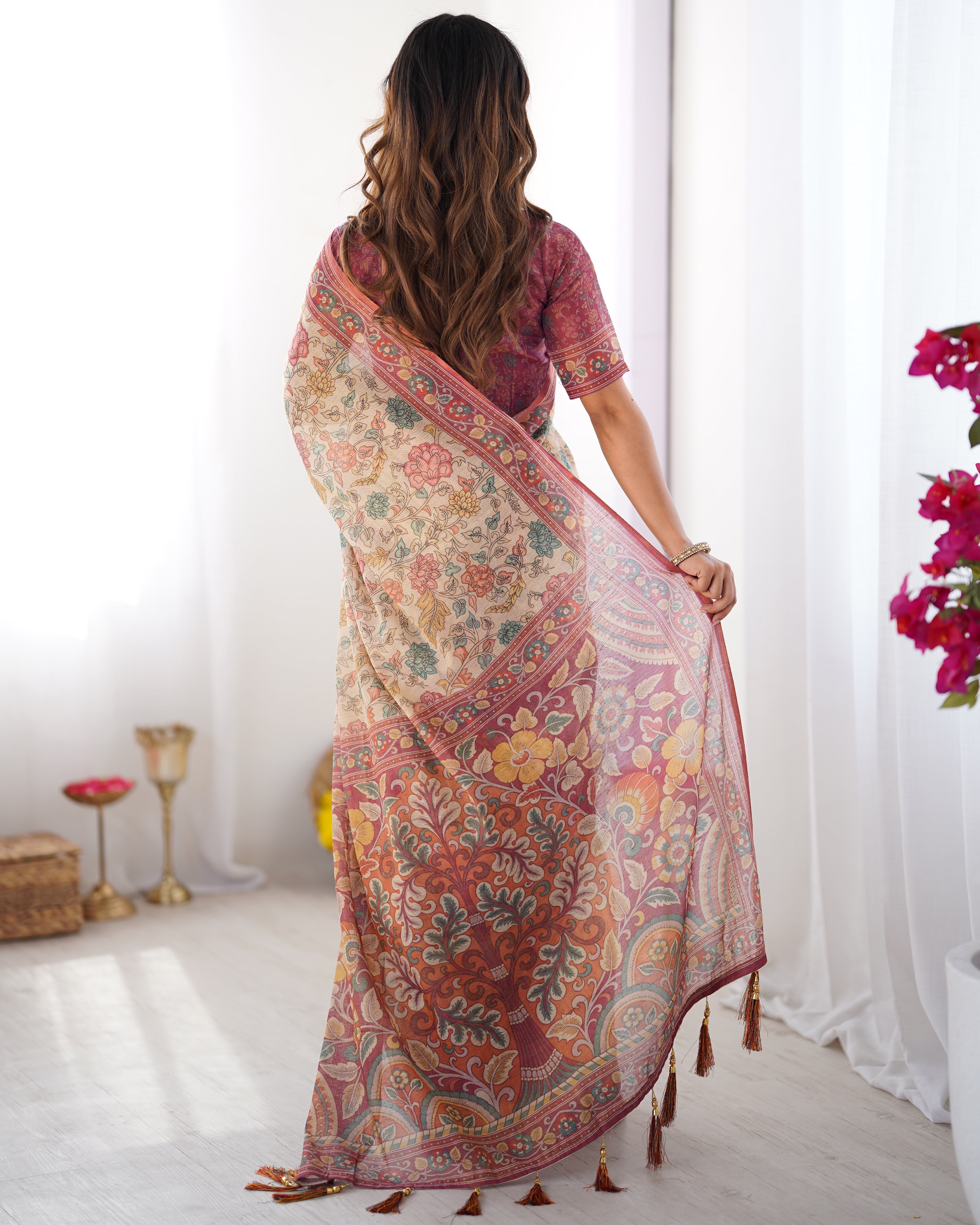 Cream & Pink Handloom Cotton Saree with Pastel Floral Print and Ornamental Tree Pallu