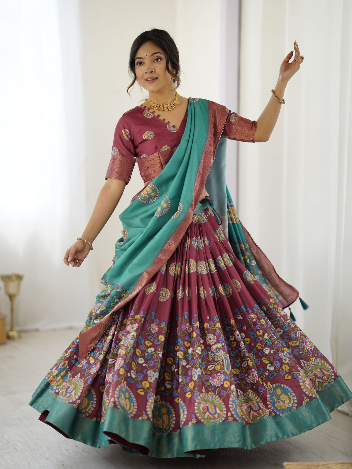 Wine & Teal Kalamkari Tussar Silk Lehenga with Zari Border & Tassel Dupatta – Festive & Wedding Wear