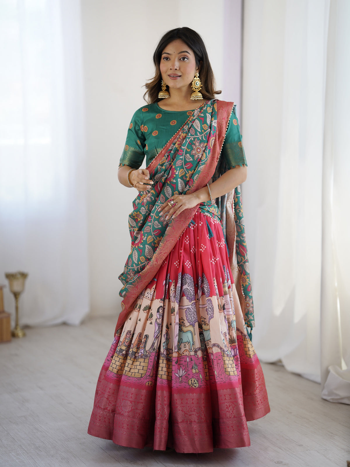 Elegant Kalamkari Lehenga in Rani Pink and Teal Green with Mythological Print and Floral Dupatta
