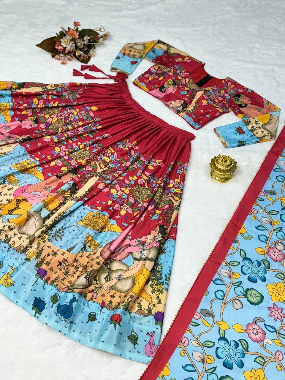 Elegant kalmakari lehenga , light shades to complement to create beautiful aura in all function