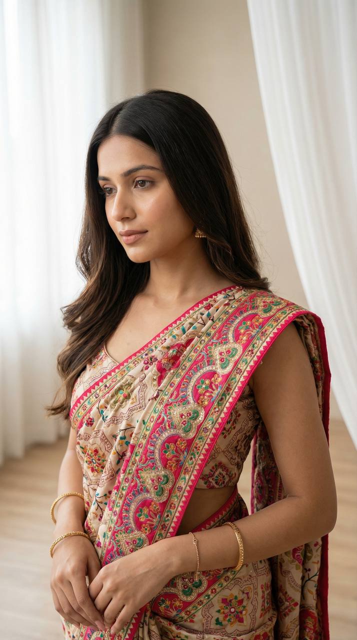 Beige Ethnic Saree with Vibrant Ajarakh Print & Real Mirrors
