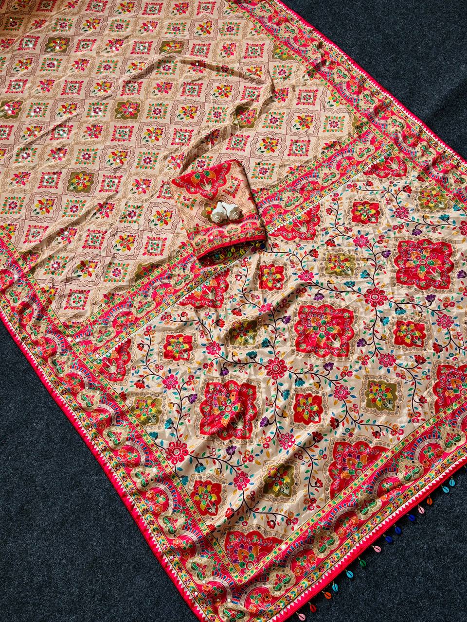 Beige Ethnic Saree with Vibrant Ajarakh Print & Real Mirrors
