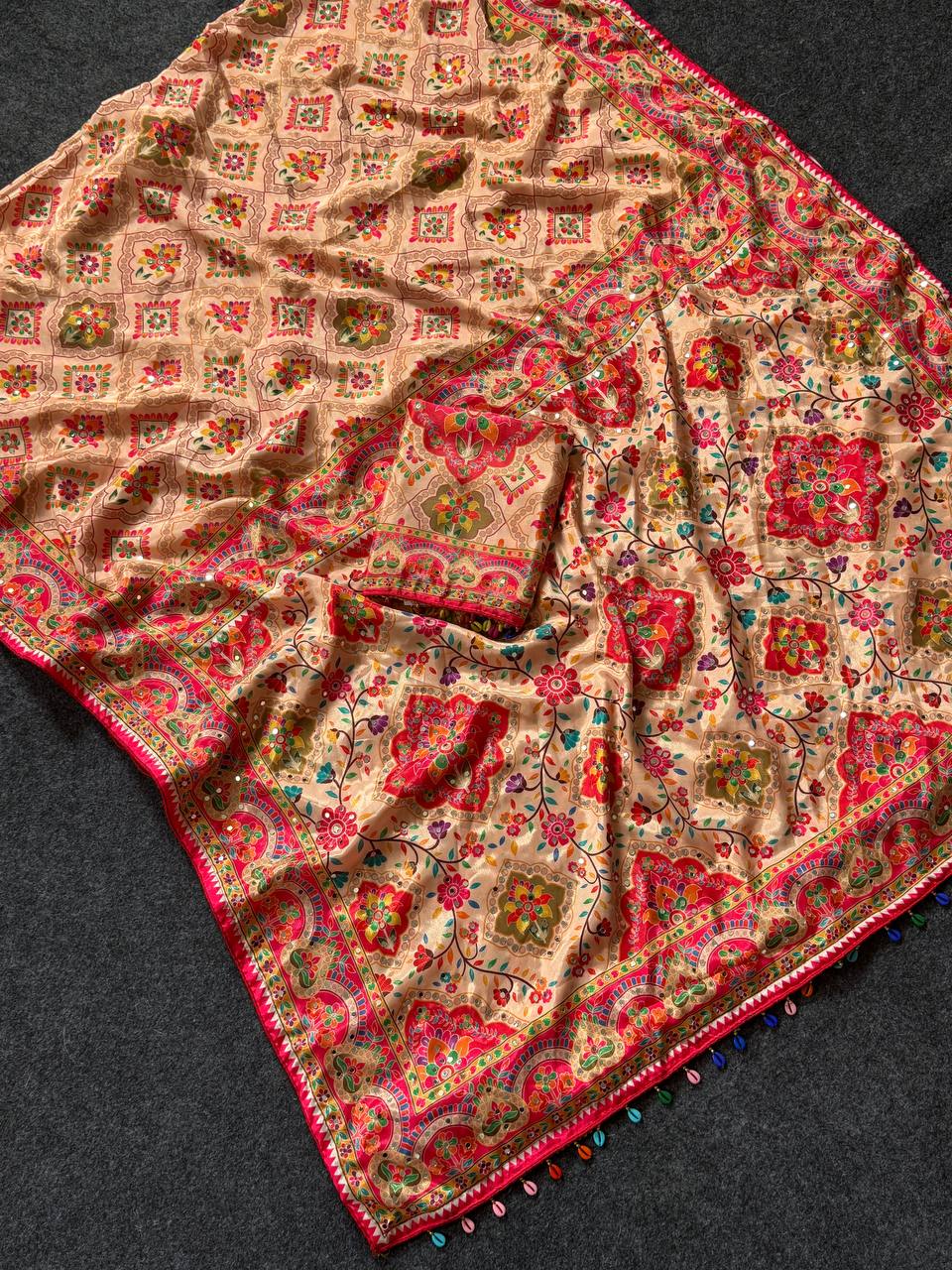 Beige Ethnic Saree with Vibrant Ajarakh Print & Real Mirrors