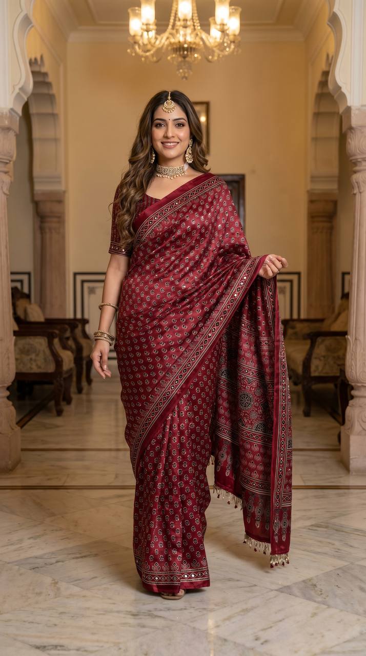Wine Ajrakh Print Satin Saree with Mirror Work