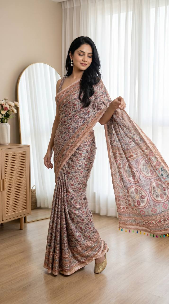 Rose Gold Roman Silk Digital Print Saree with Real Mirror Work & Kodi Latkan