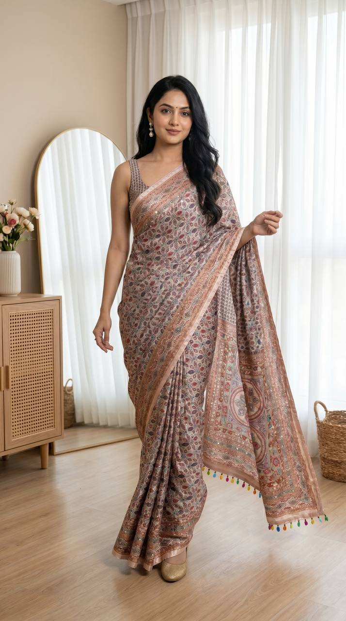 Rose Gold Roman Silk Digital Print Saree with Real Mirror Work & Kodi Latkan