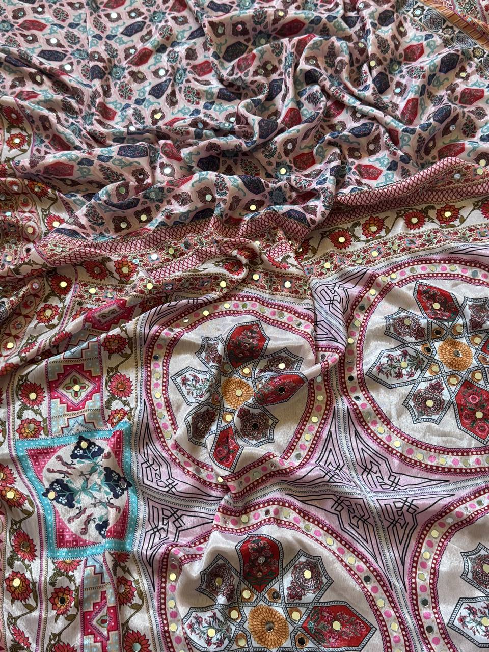 Rose Gold Roman Silk Digital Print Saree with Real Mirror Work & Kodi Latkan