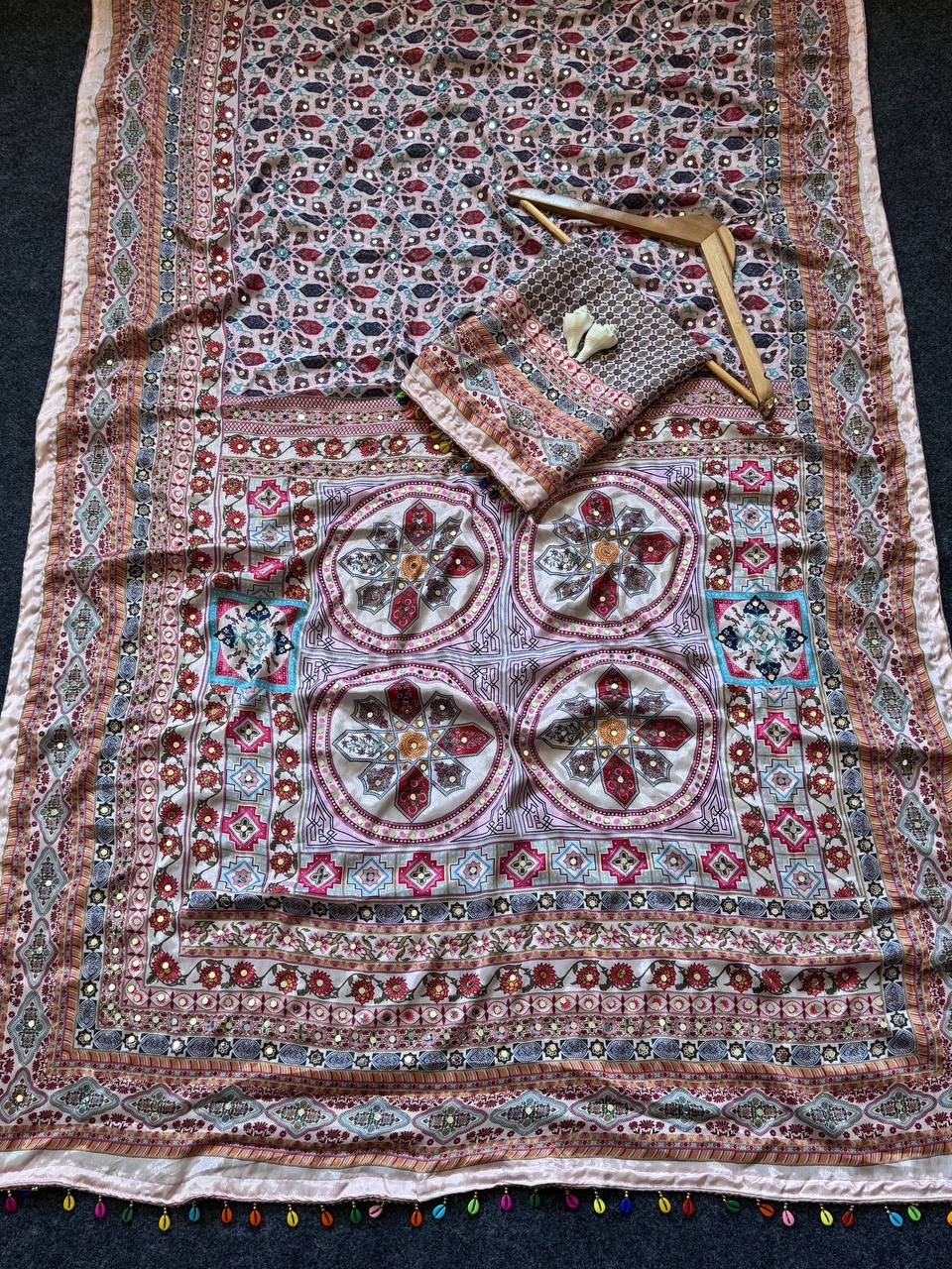 Rose Gold Roman Silk Digital Print Saree with Real Mirror Work & Kodi Latkan
