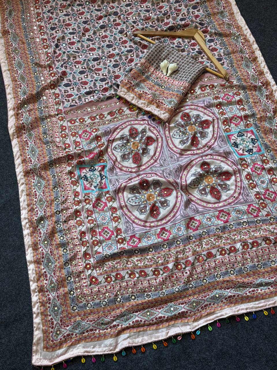 Rose Gold Roman Silk Digital Print Saree with Real Mirror Work & Kodi Latkan