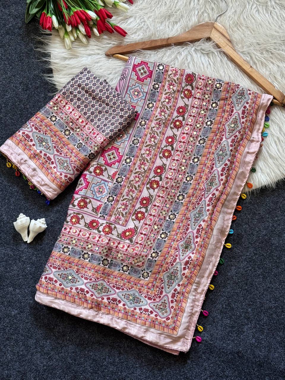 Rose Gold Roman Silk Digital Print Saree with Real Mirror Work & Kodi Latkan