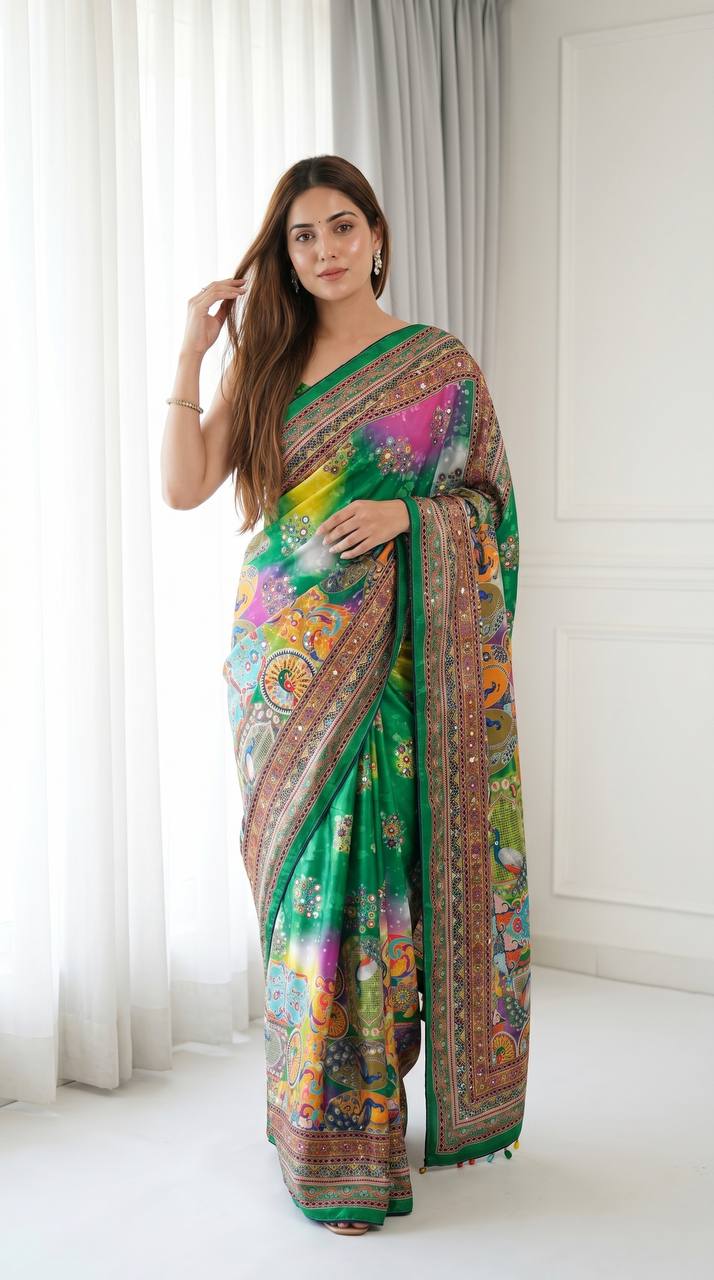 Elegant Green Roman Silk Saree with Intricate Print Detailing & Real Mirror Work Blouse