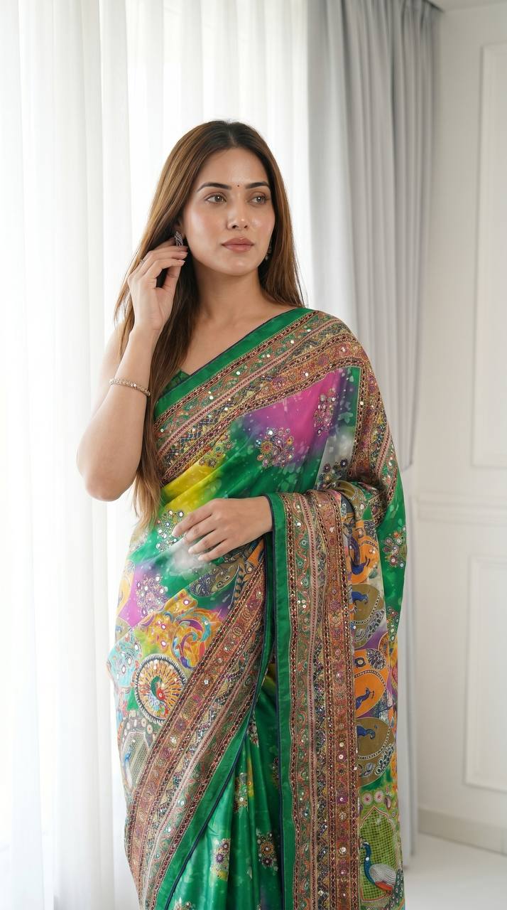Elegant Green Roman Silk Saree with Intricate Print Detailing & Real Mirror Work Blouse