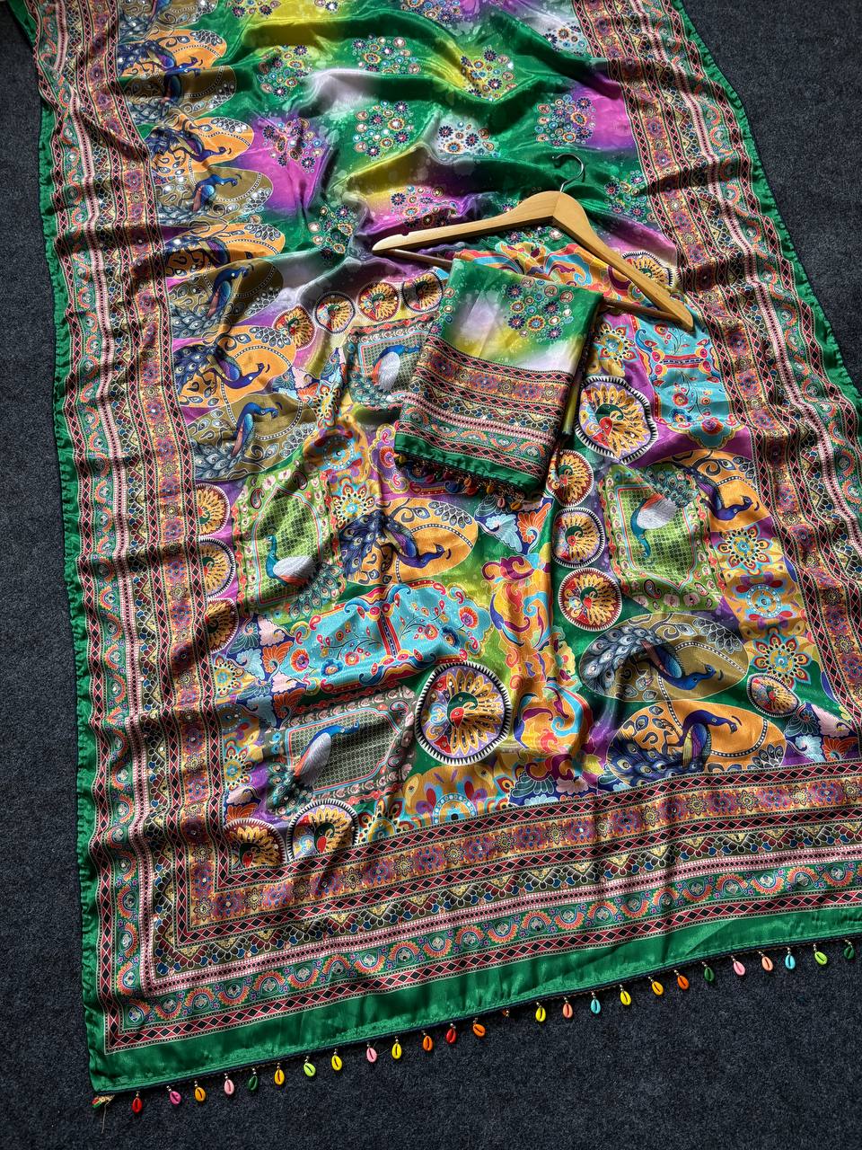 Elegant Green Roman Silk Saree with Intricate Print Detailing & Real Mirror Work Blouse