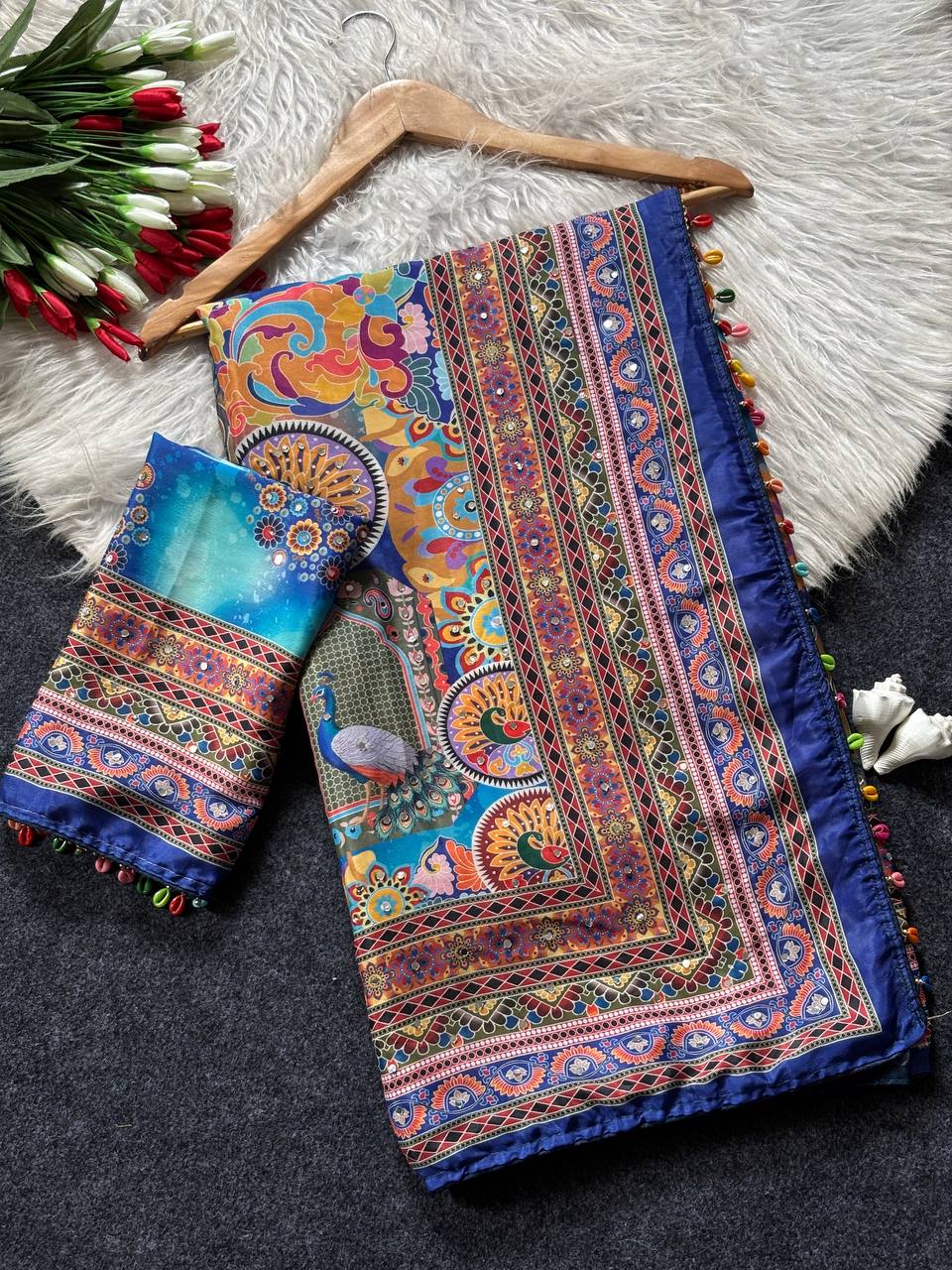 Royal Blue Roman Silk Saree with Artistic Print Detailing & Real Mirror Work Blouse
