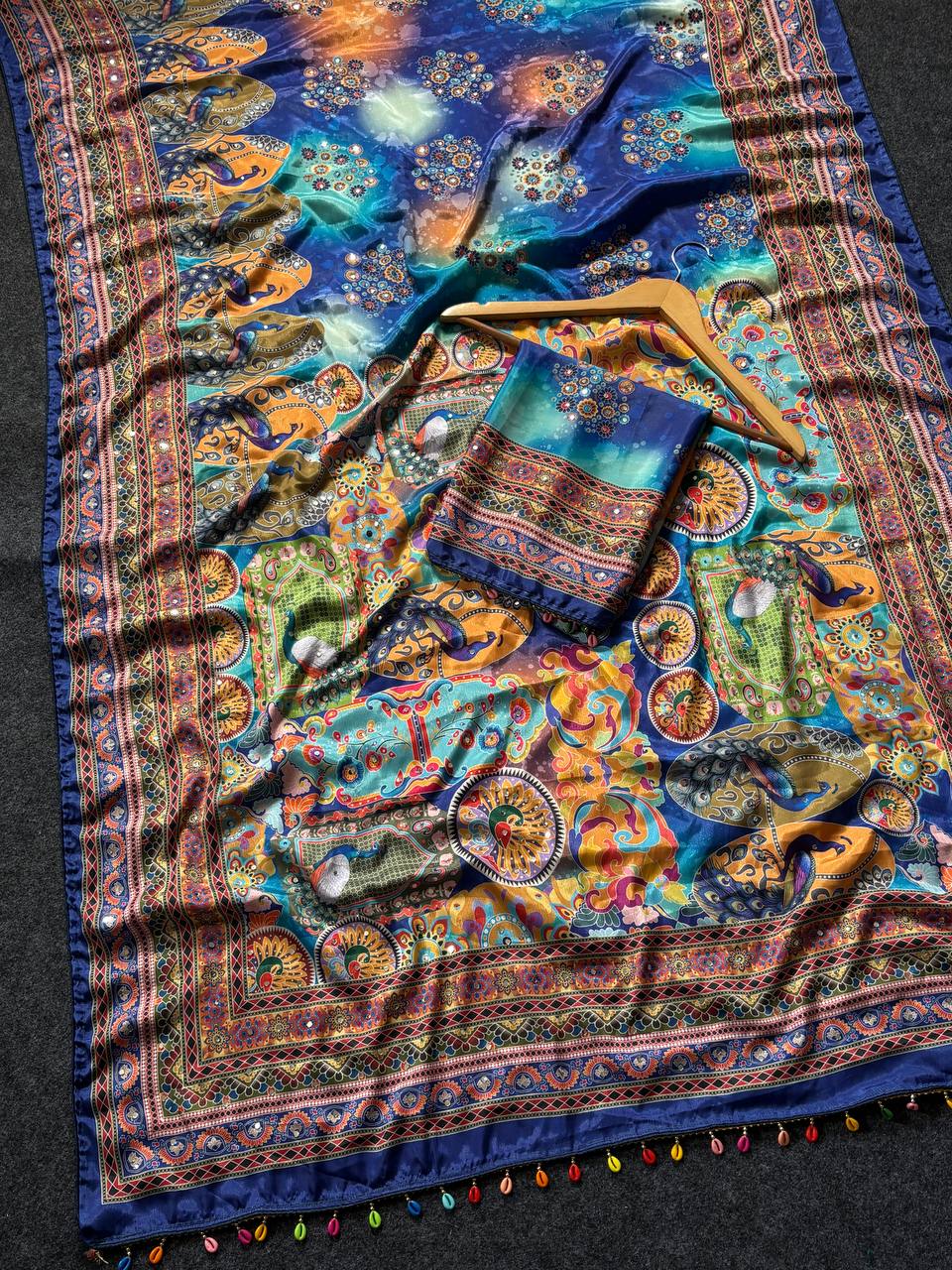 Royal Blue Roman Silk Saree with Artistic Print Detailing & Real Mirror Work Blouse