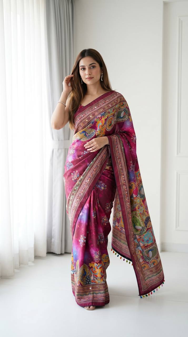 Wine Purple Roman Silk Saree with Artistic Print Detailing & Real Mirror Work Blouse