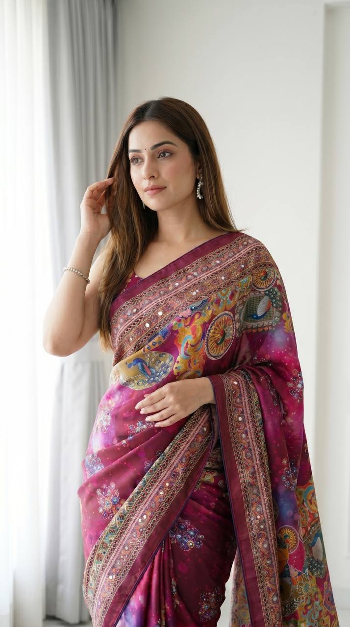 Wine Purple Roman Silk Saree with Artistic Print Detailing & Real Mirror Work Blouse