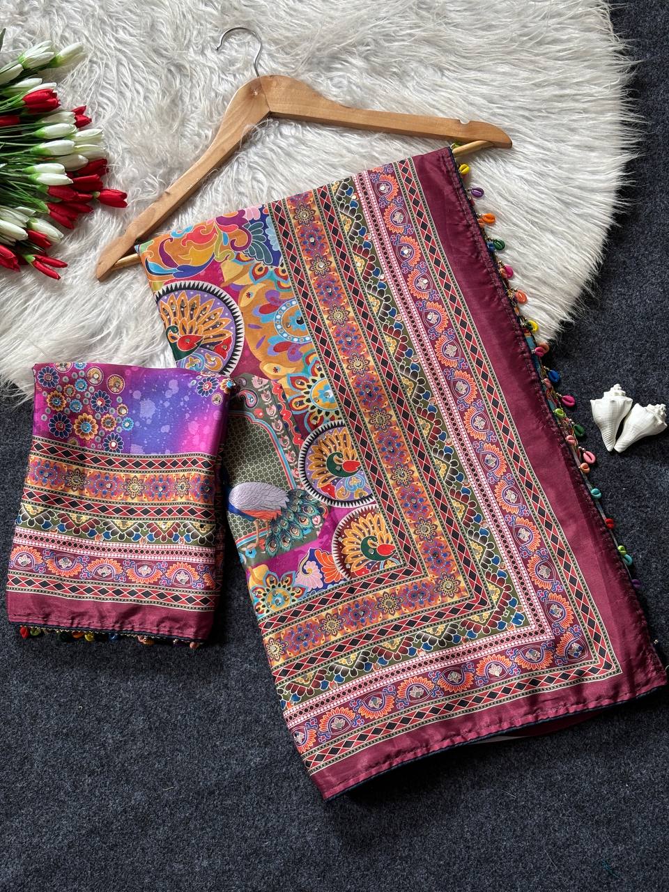 Wine Purple Roman Silk Saree with Artistic Print Detailing & Real Mirror Work Blouse