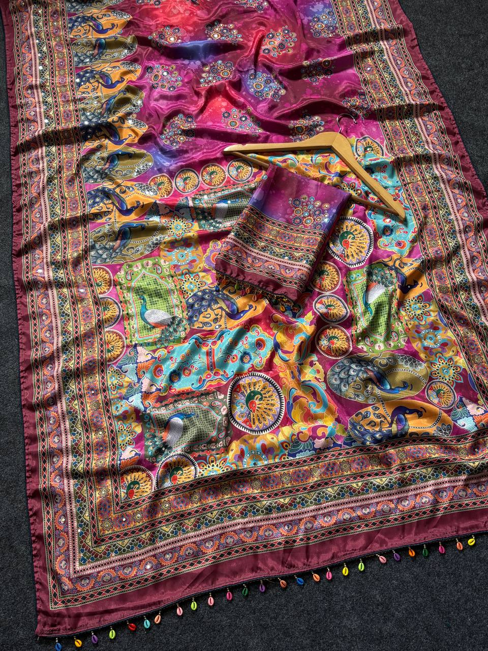 Wine Purple Roman Silk Saree with Artistic Print Detailing & Real Mirror Work Blouse